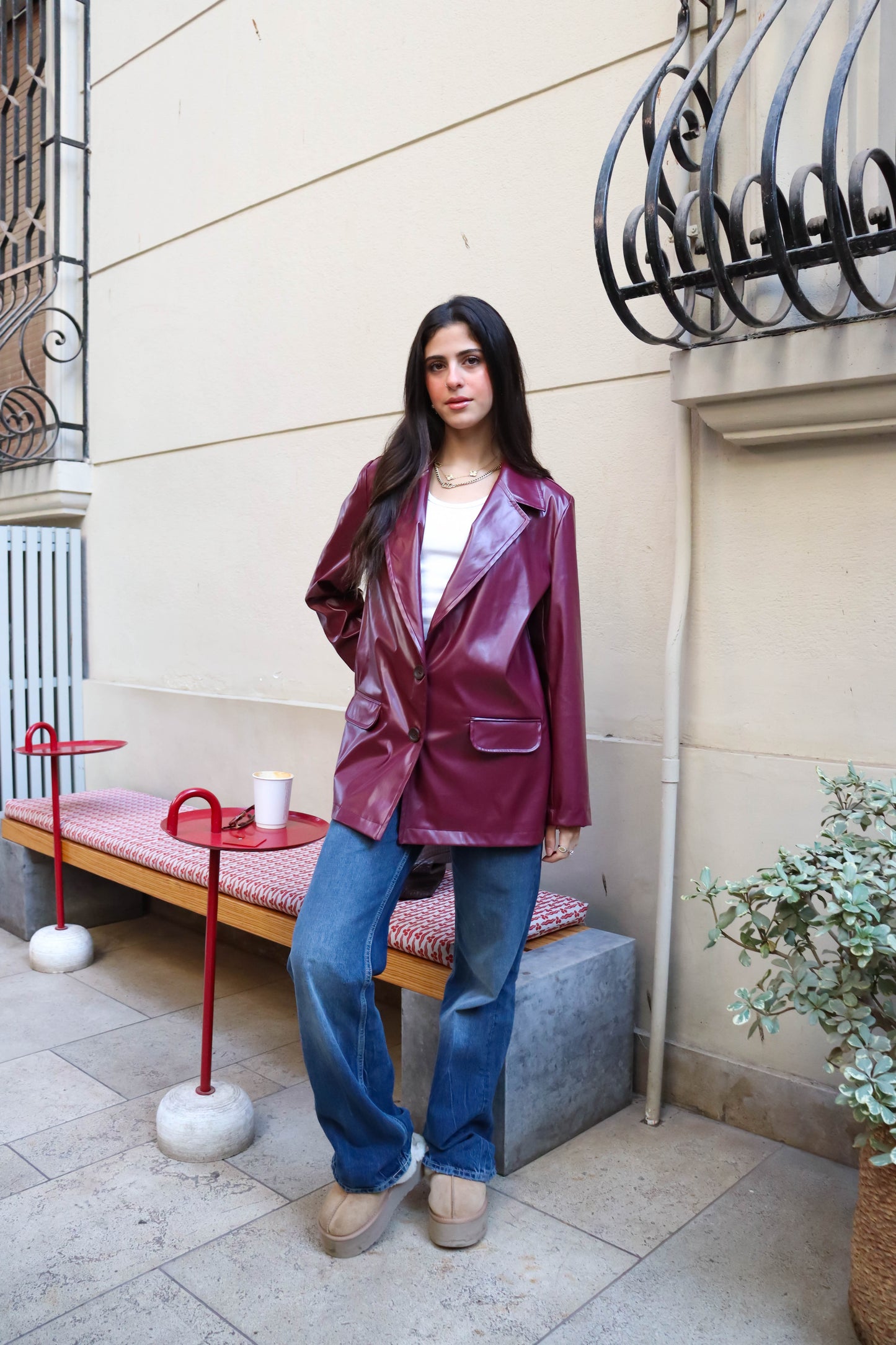 Belted leather blazer in Burgundy