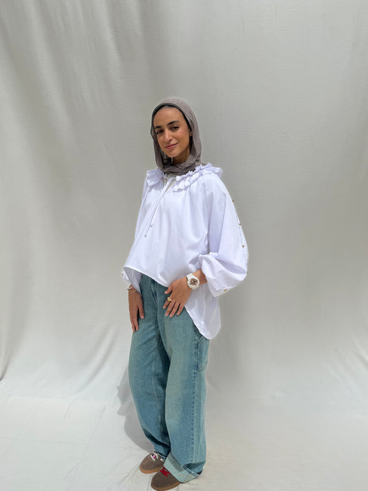 Gold pearls balloon shirt in white