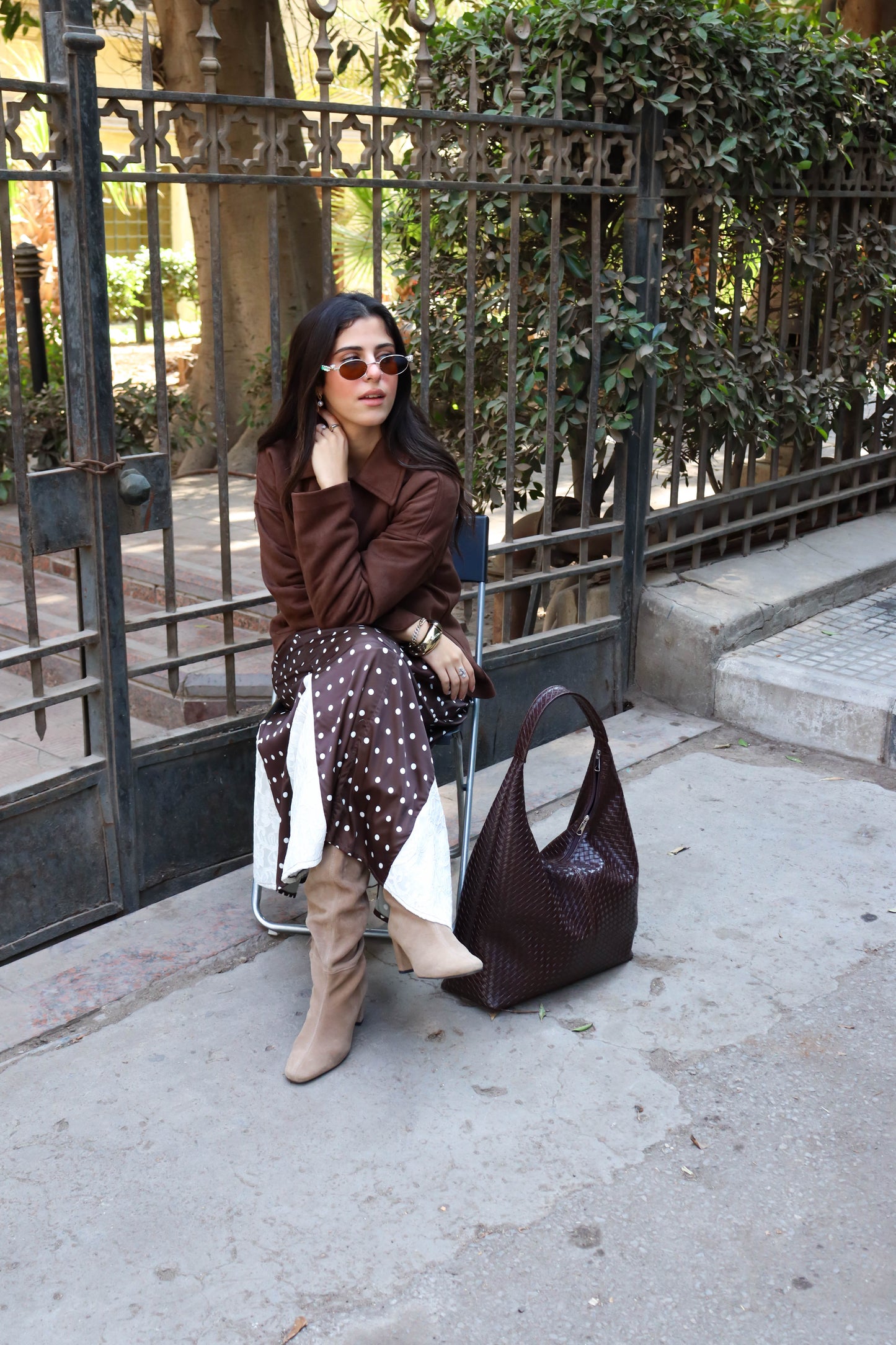Lace & satin polka dot skirt in Brown