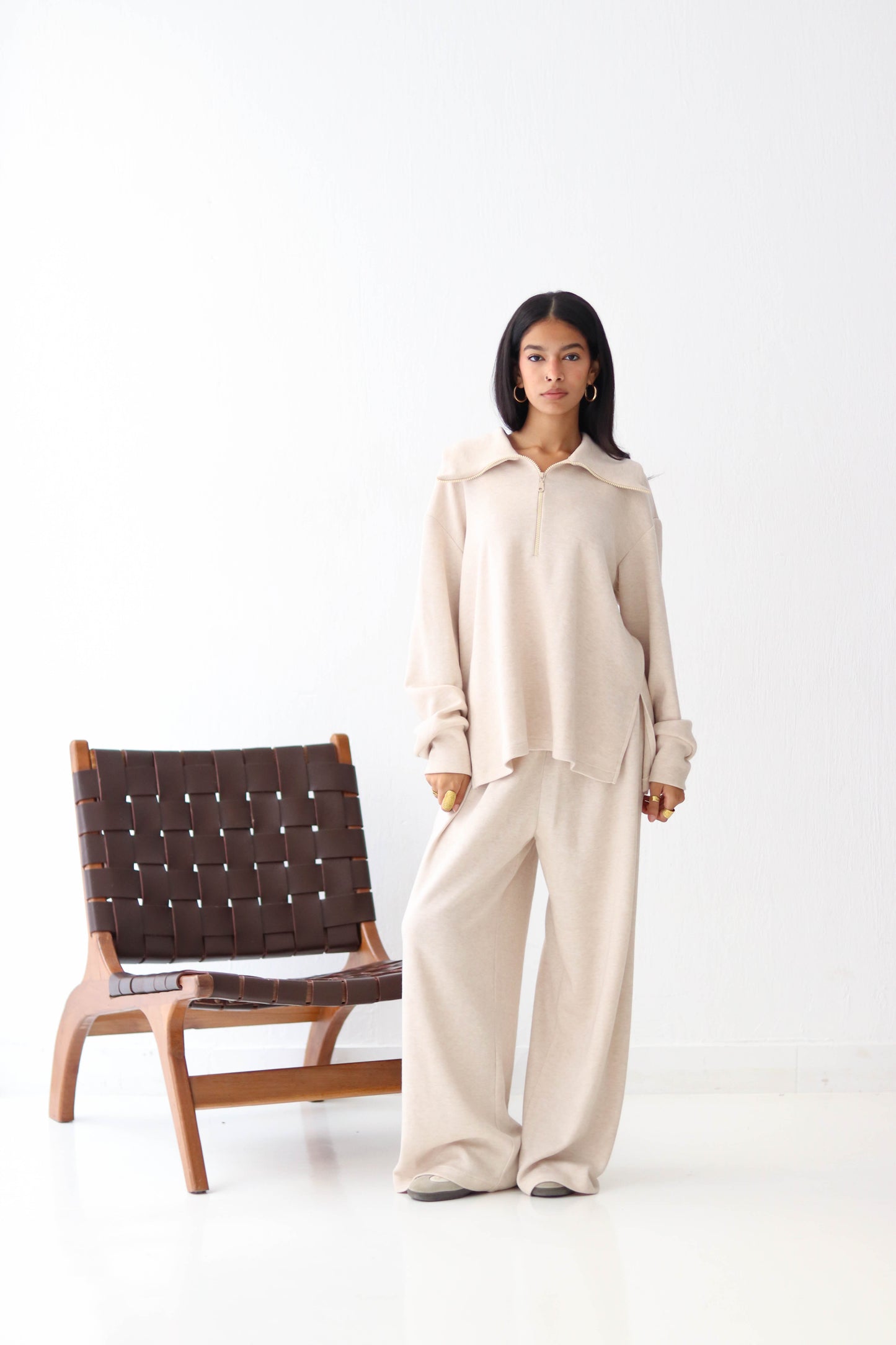 Half zip Knit set in Beige