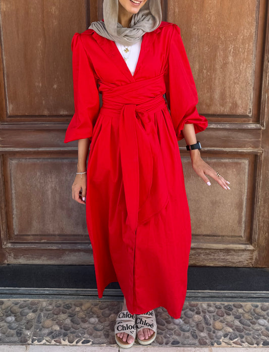 Belted poplin shirt dress in Red