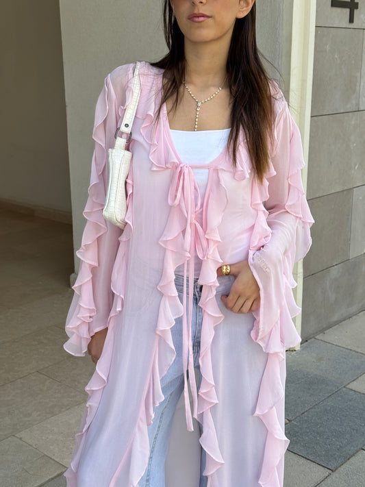 Emaa ruffle chiffon kimono in Pink