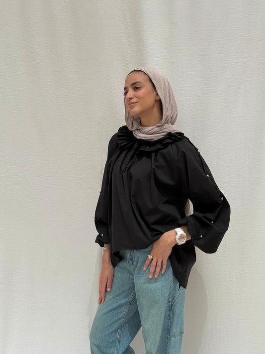 Gold pearls balloon shirt in Black
