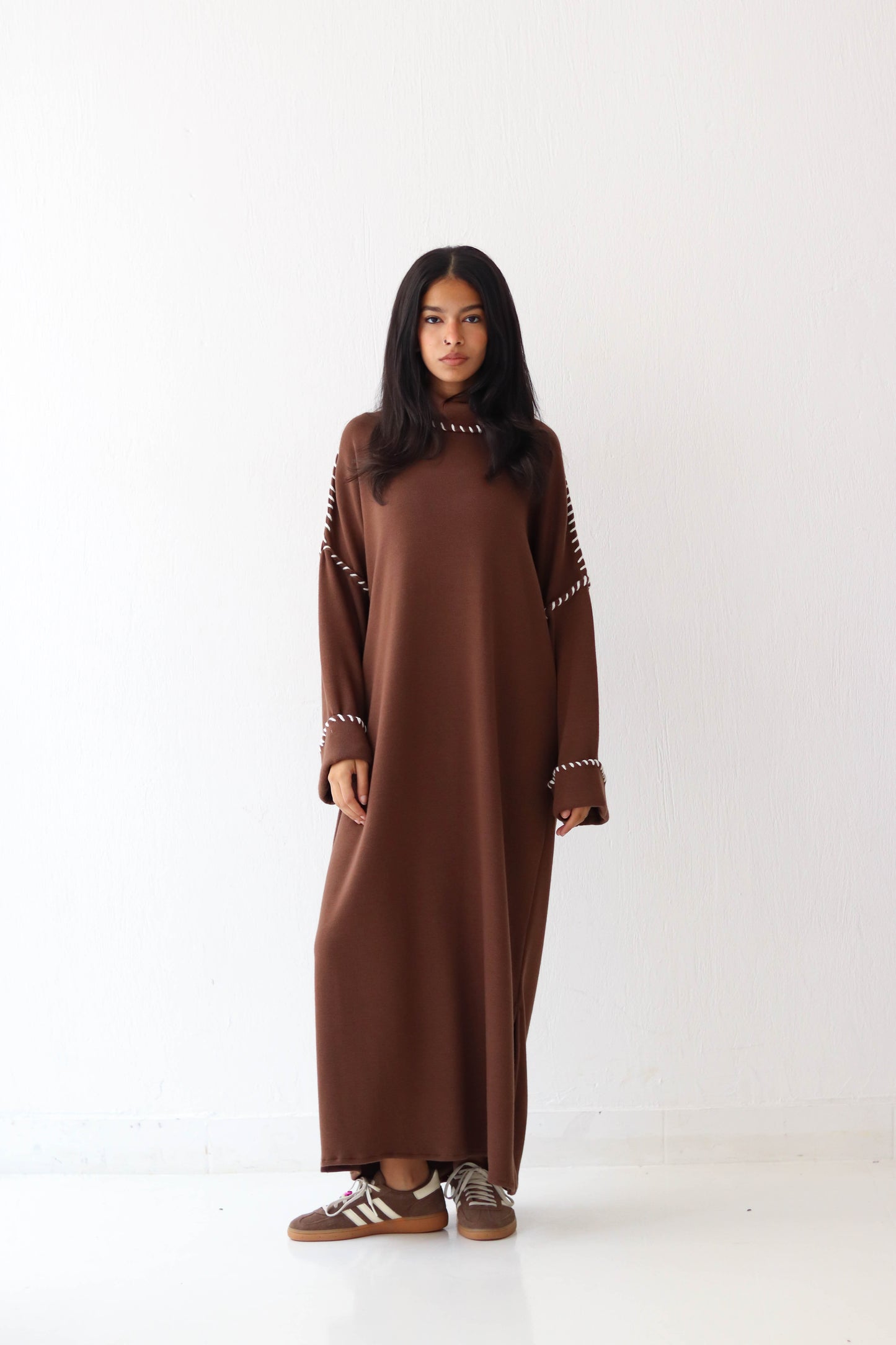 High neck knitted dress in Brown