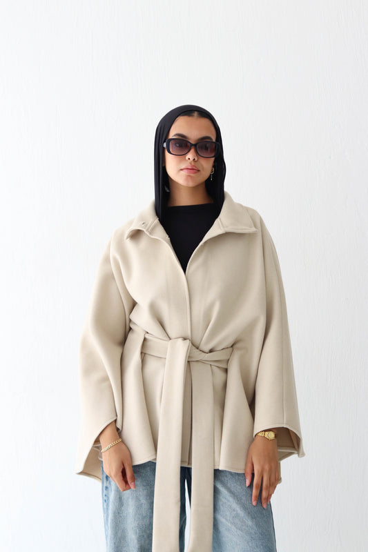 Belted wool cape in Beige