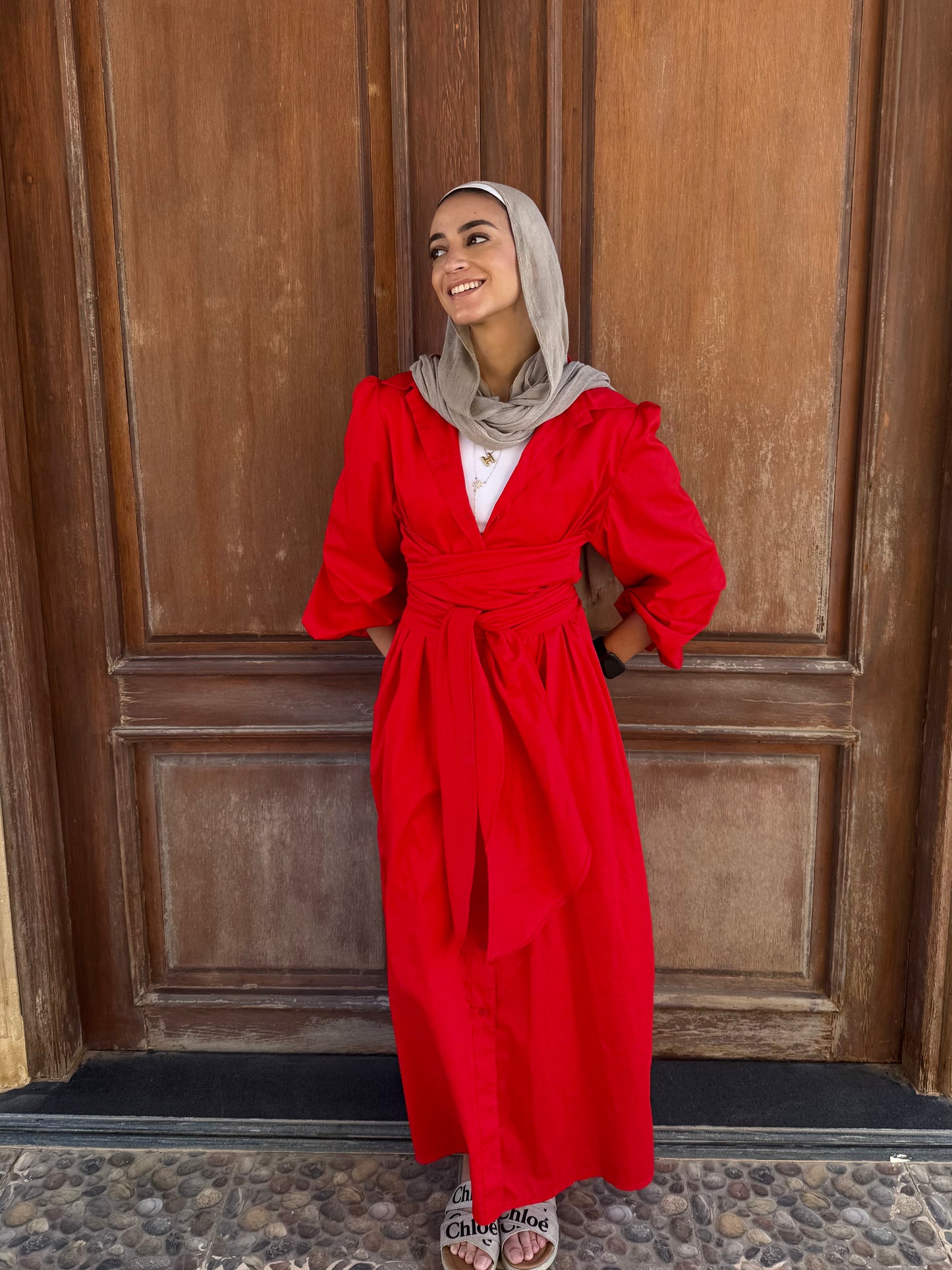 Belted poplin shirt dress in Red