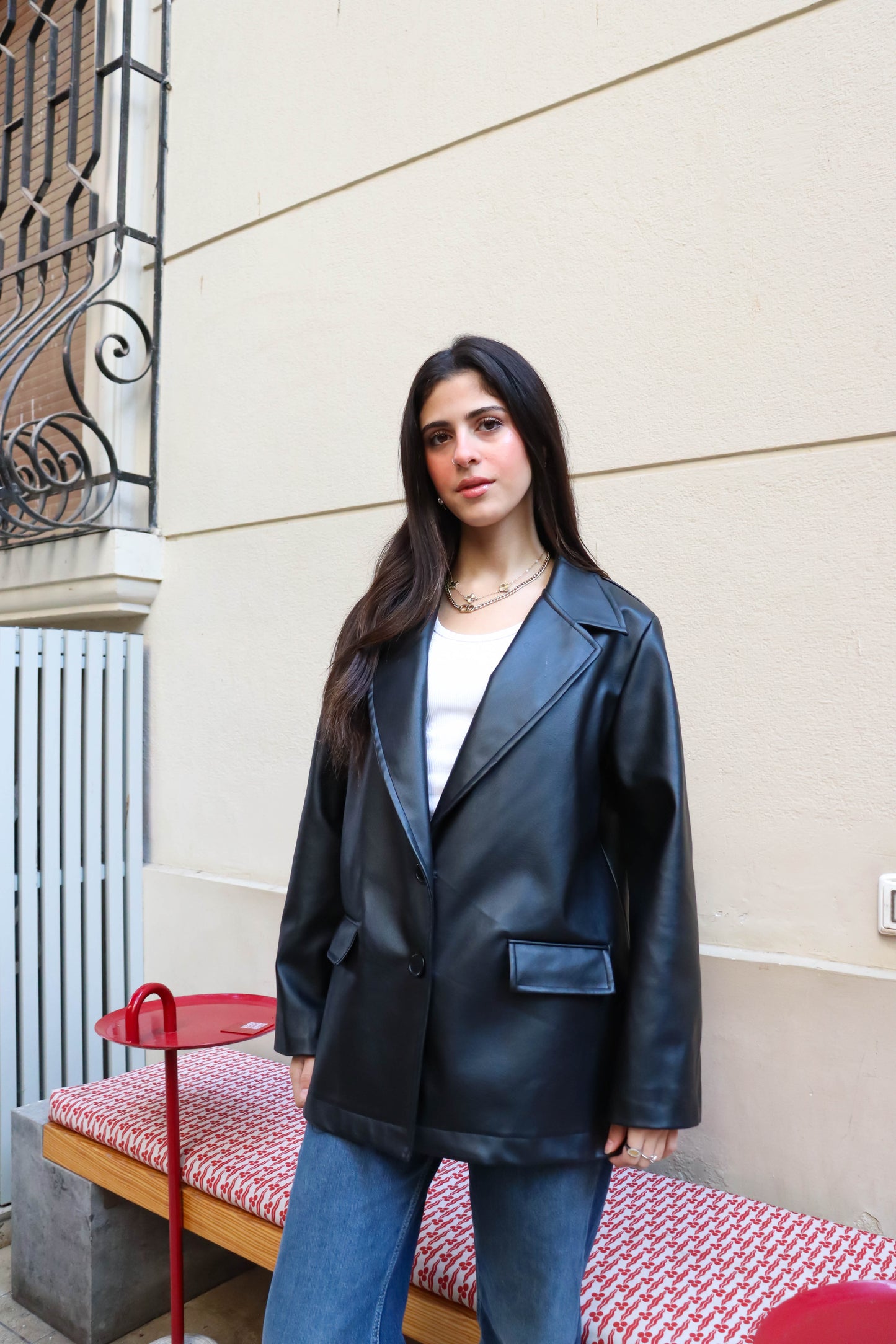 Belted leather blazer in Black