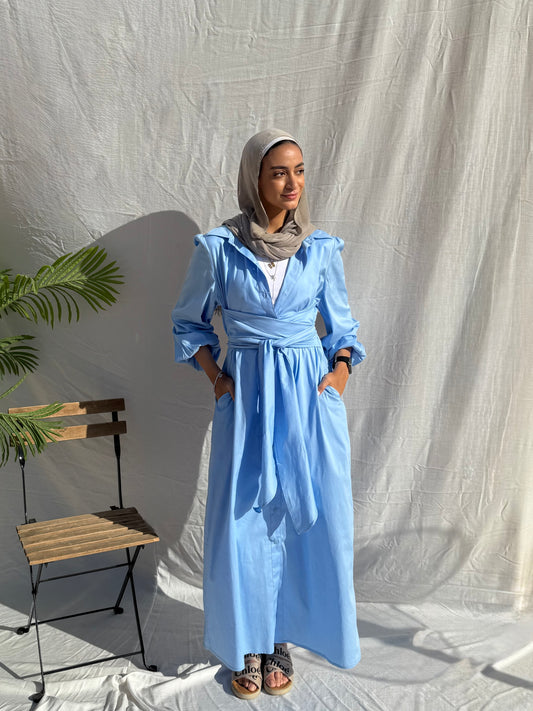 Belted poplin shirt dress in Baby Blue
