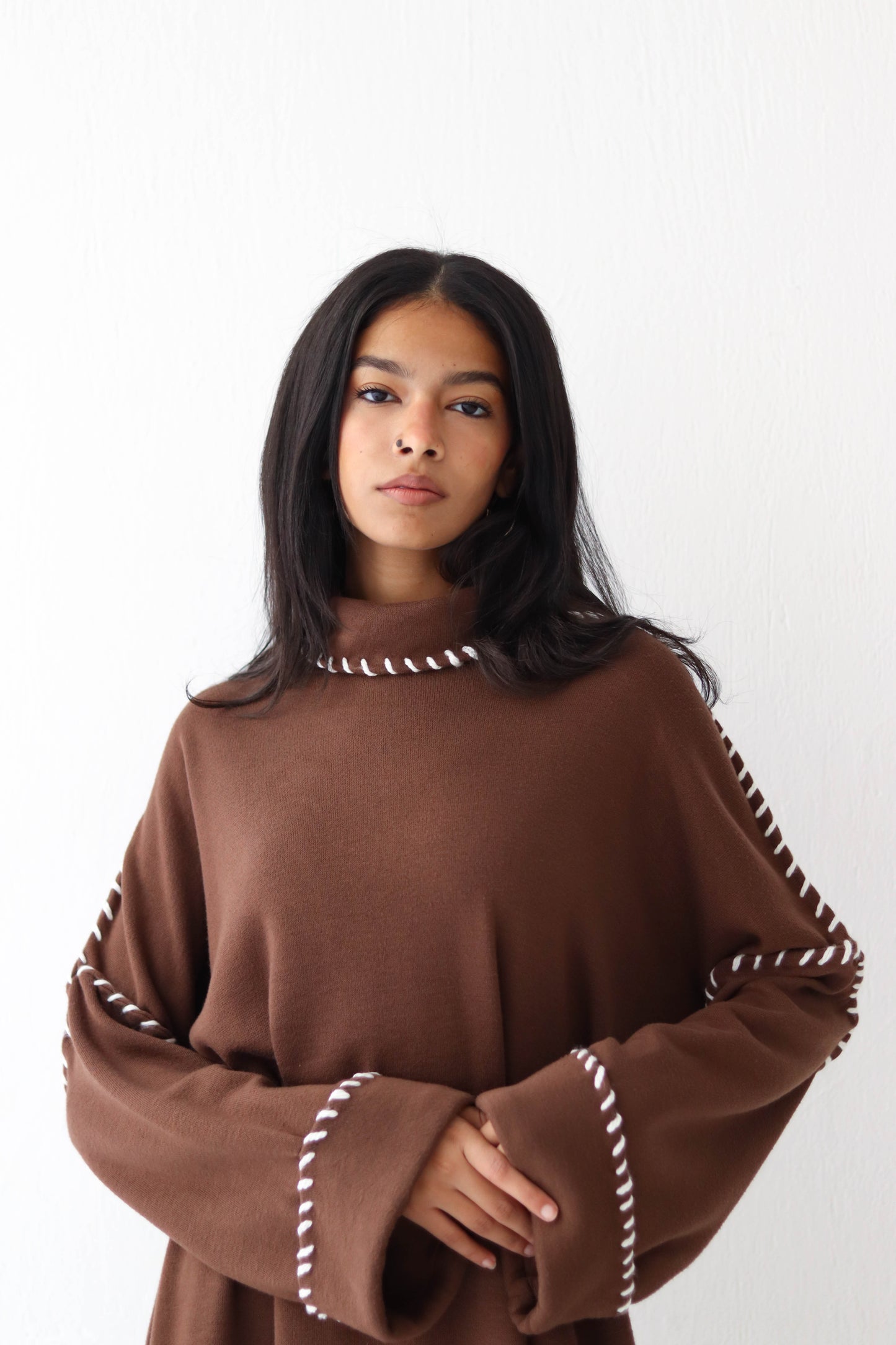 High neck knitted dress in Brown