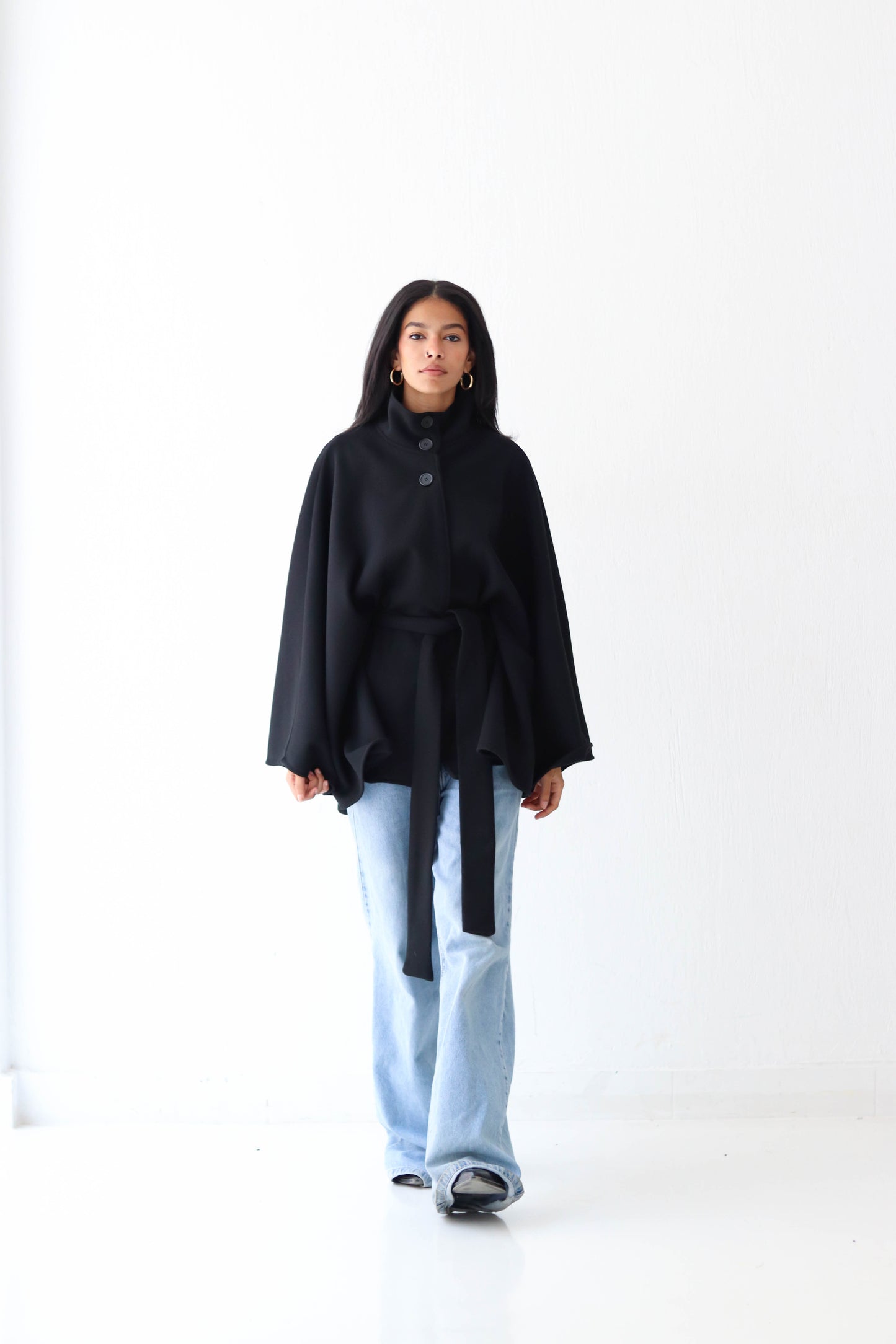 Belted wool cape in Black