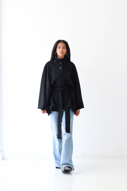 Belted wool cape in Black