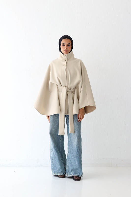 Belted wool cape in Beige