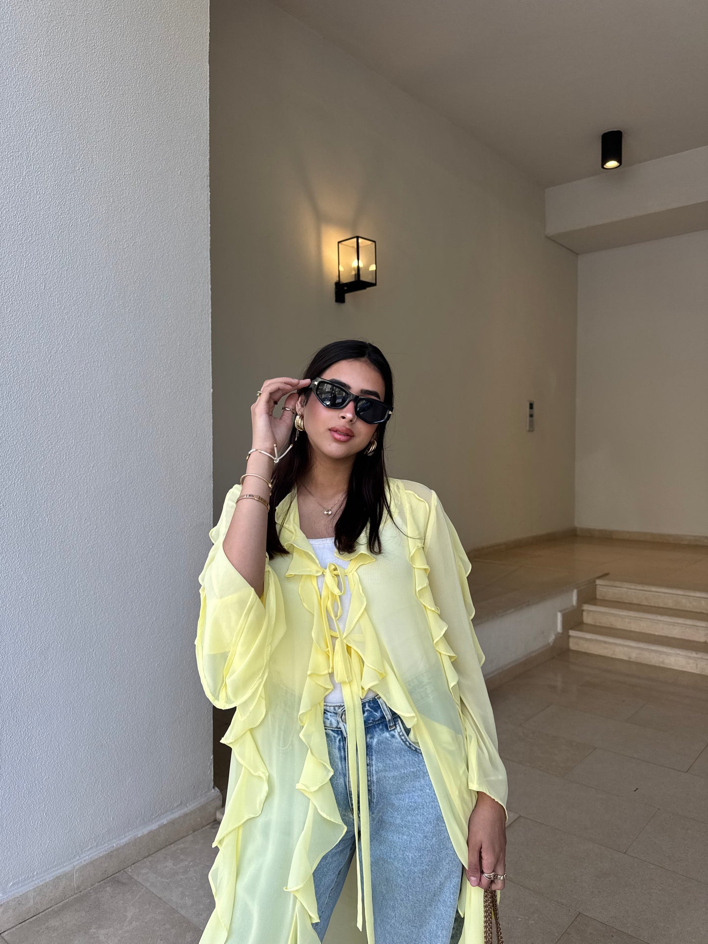 Emaa ruffle chiffon kimono in yellow