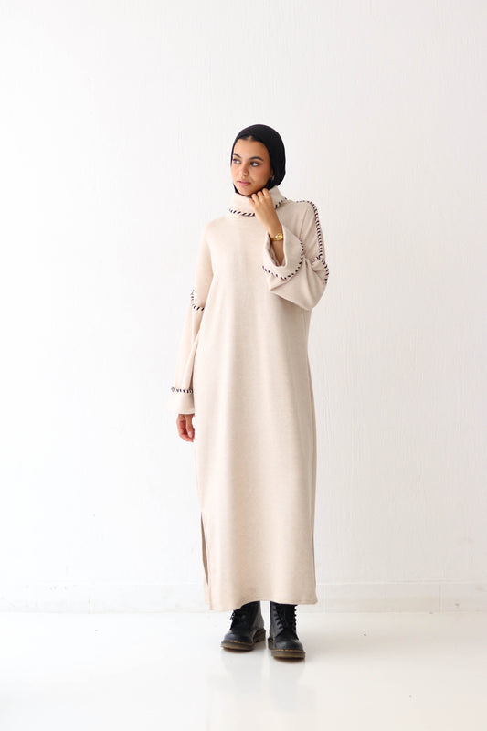 High neck knitted dress in Beige