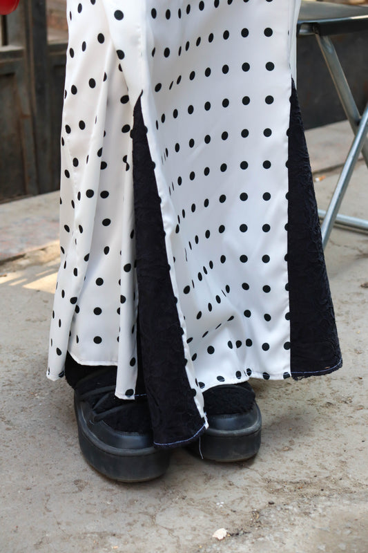 Lace & satin polka dot skirt in White