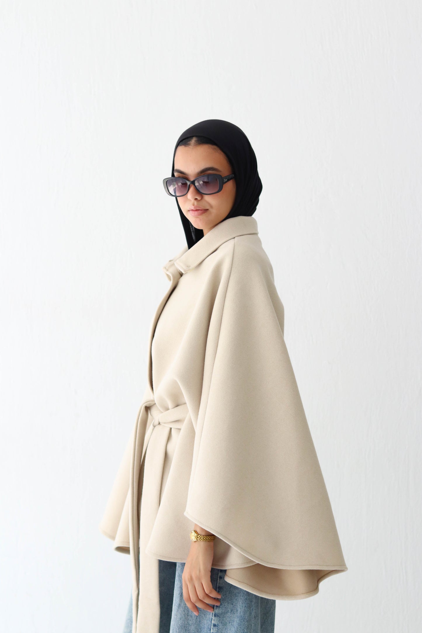 Belted wool cape in Beige