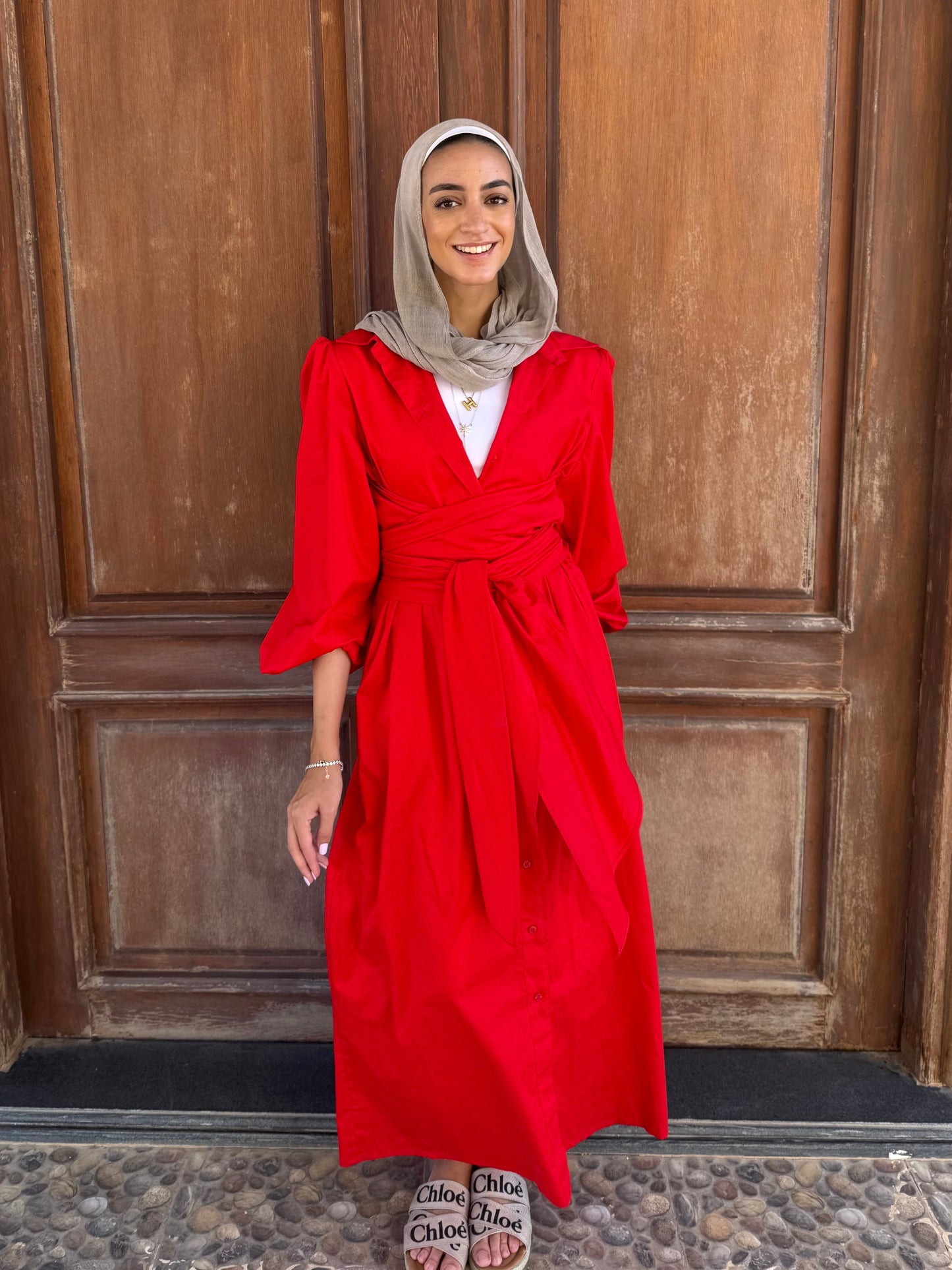 Belted poplin shirt dress in Red