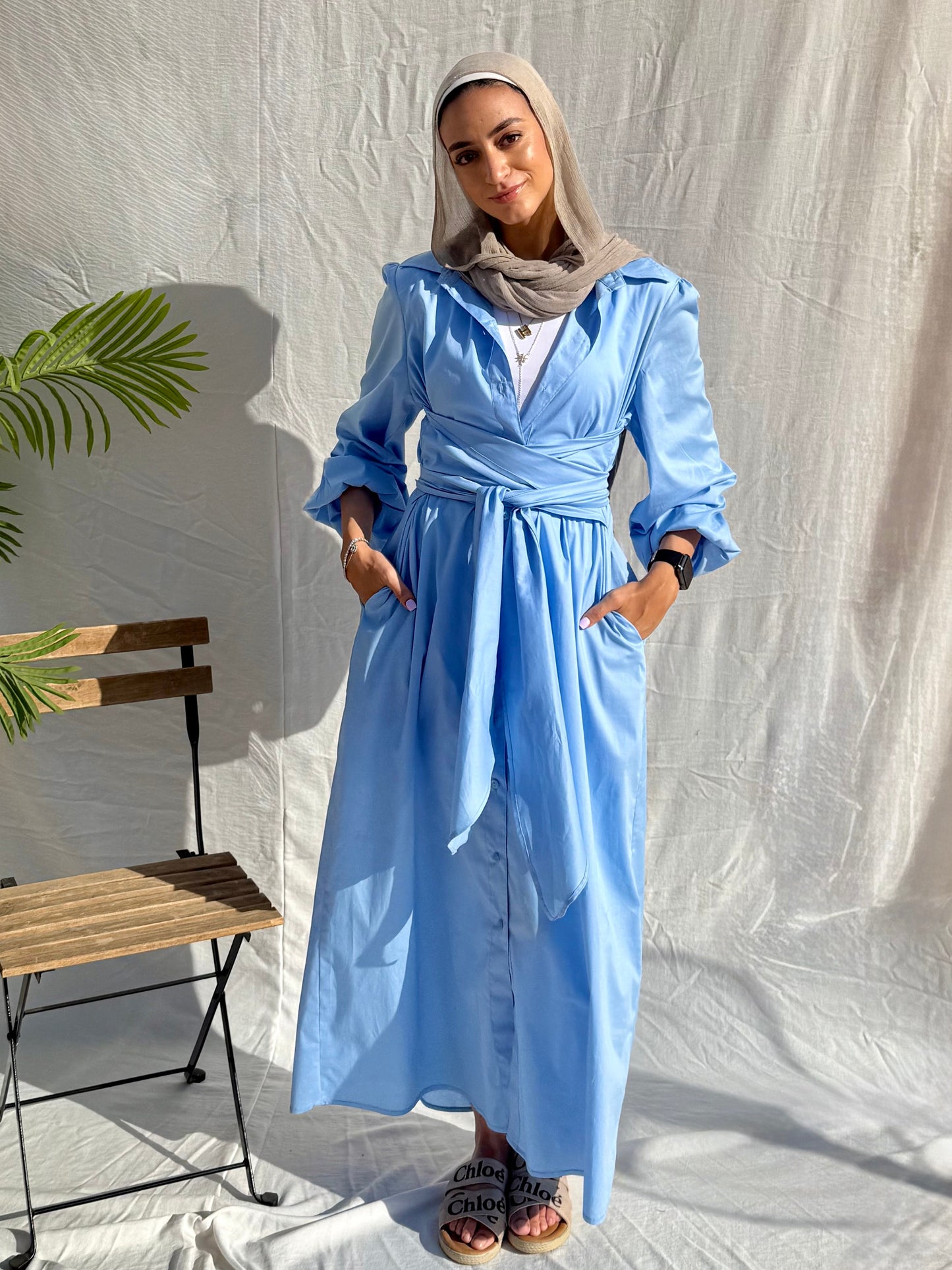 Belted poplin shirt dress in Baby Blue