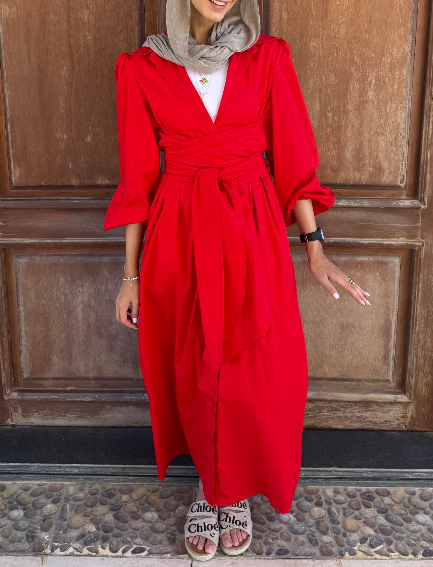 Belted poplin shirt dress in Red