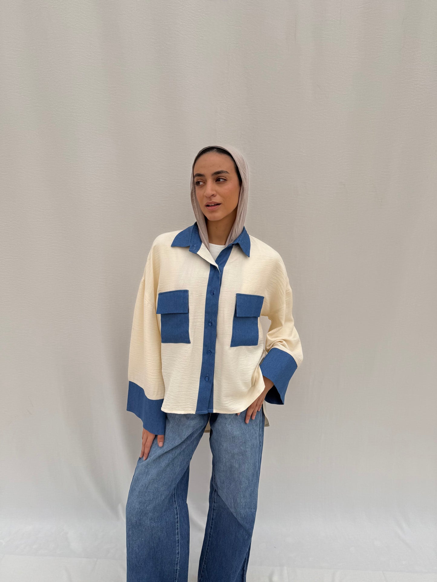 Linen shirt with denim details