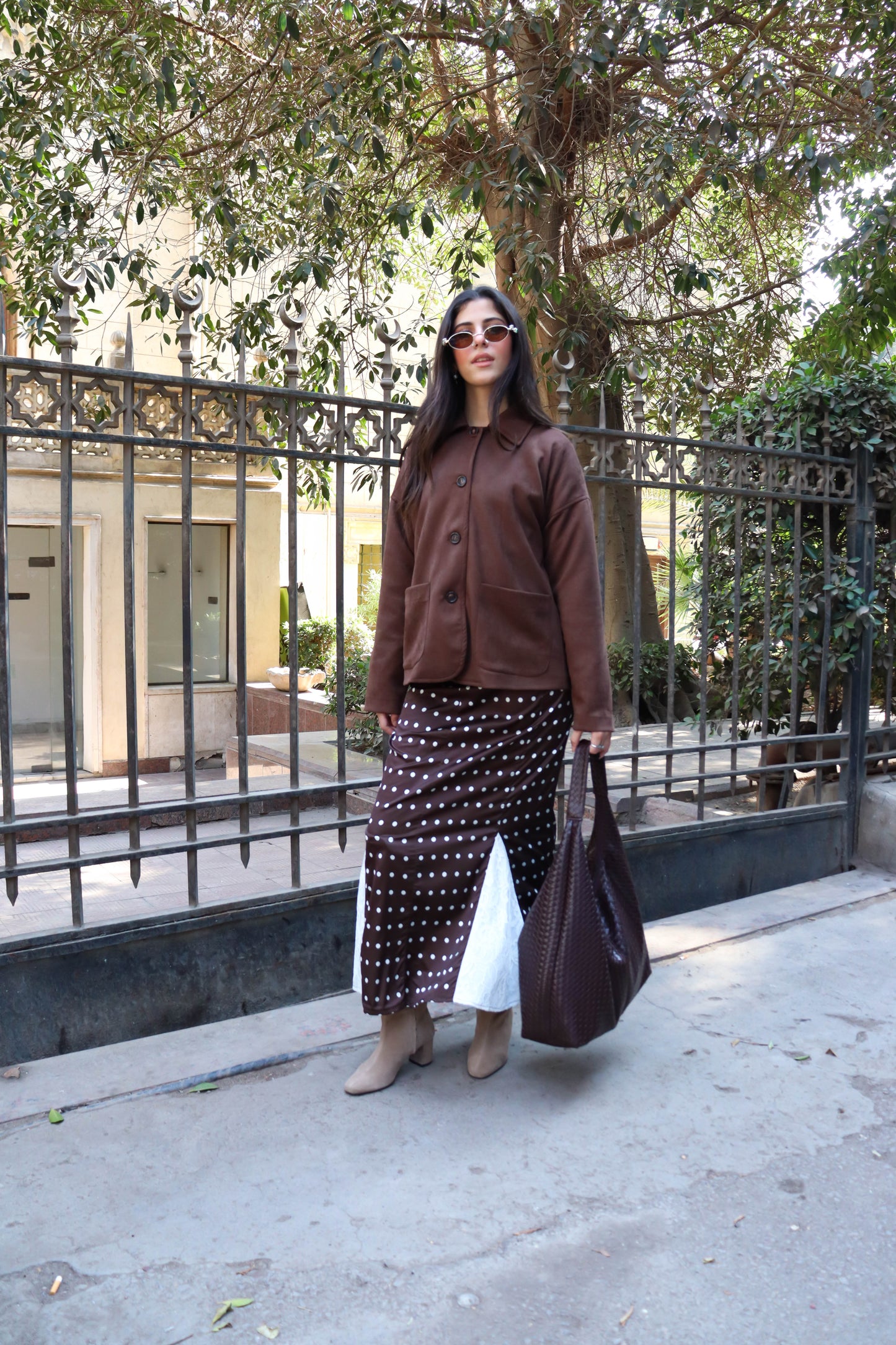 Lace & satin polka dot skirt in Brown