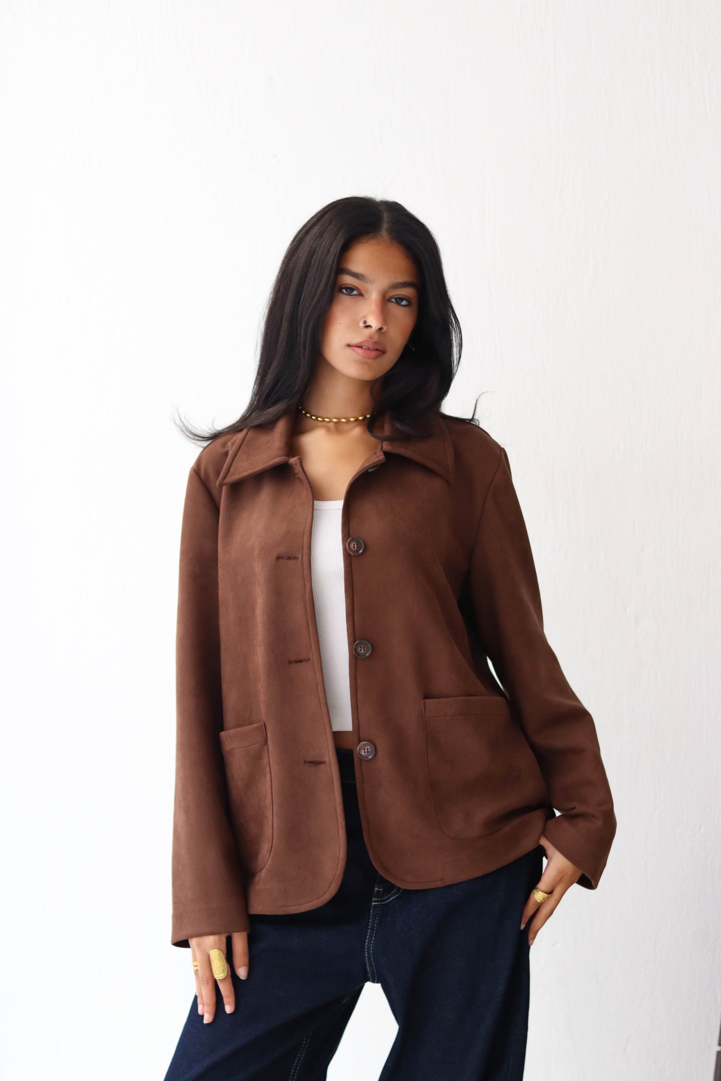 Suede button jacket in Brown