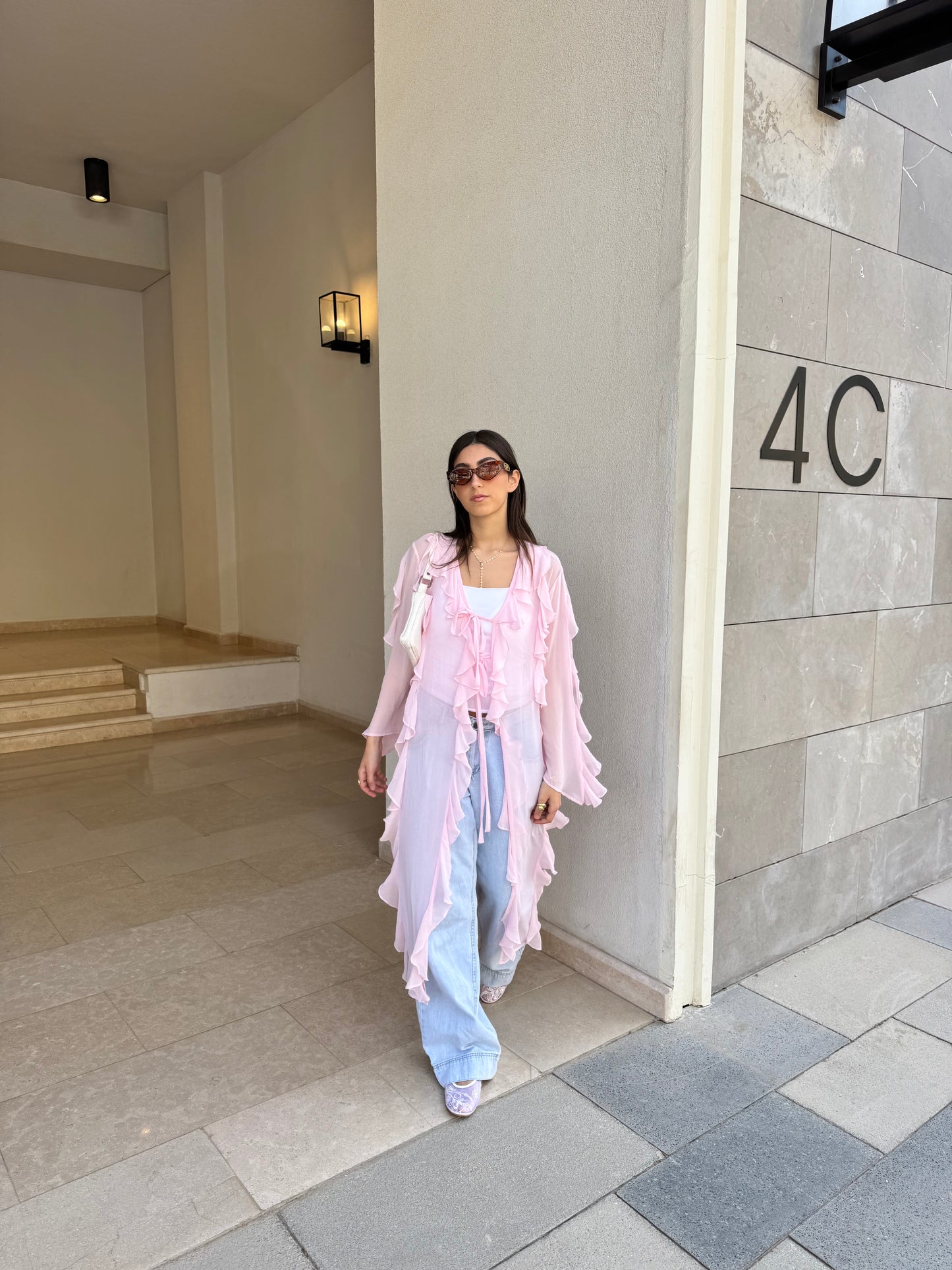 Emaa ruffle chiffon kimono in Pink