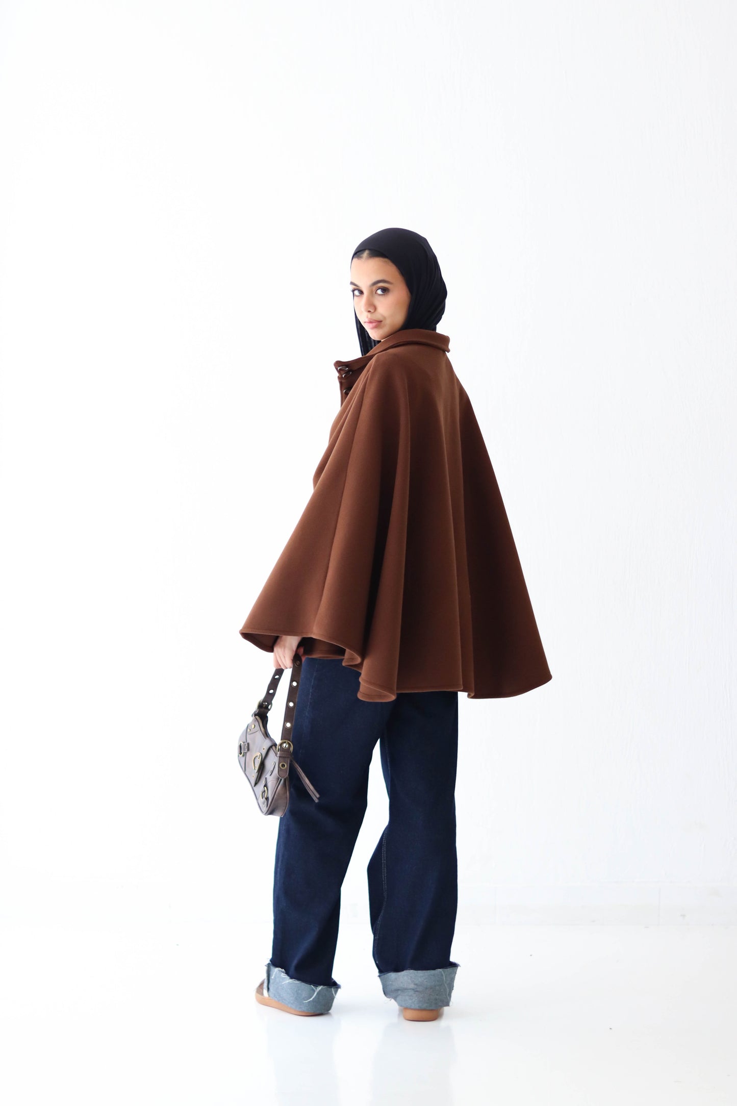 Belted wool cape in Brown