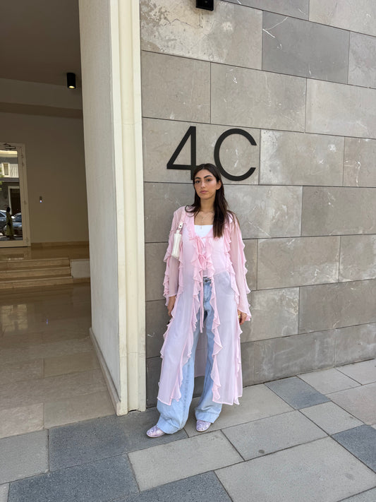Emaa ruffle chiffon kimono in Pink