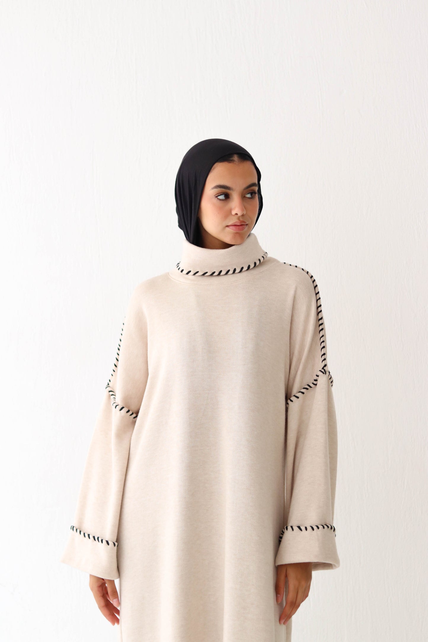 High neck knitted dress in Beige