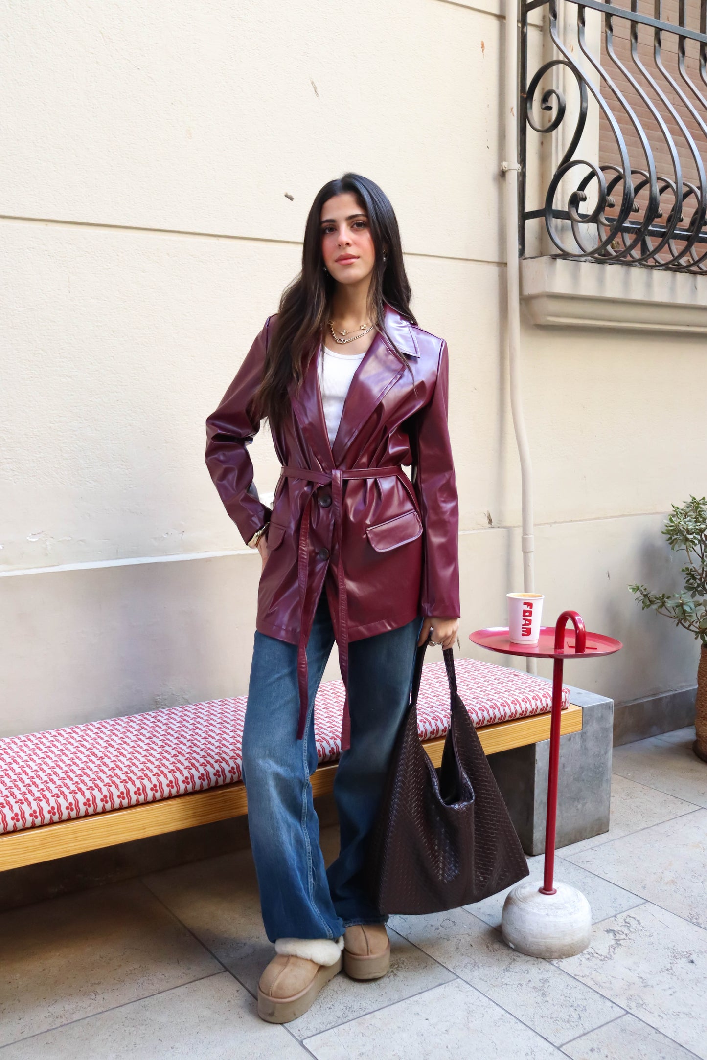 Belted leather blazer in Burgundy