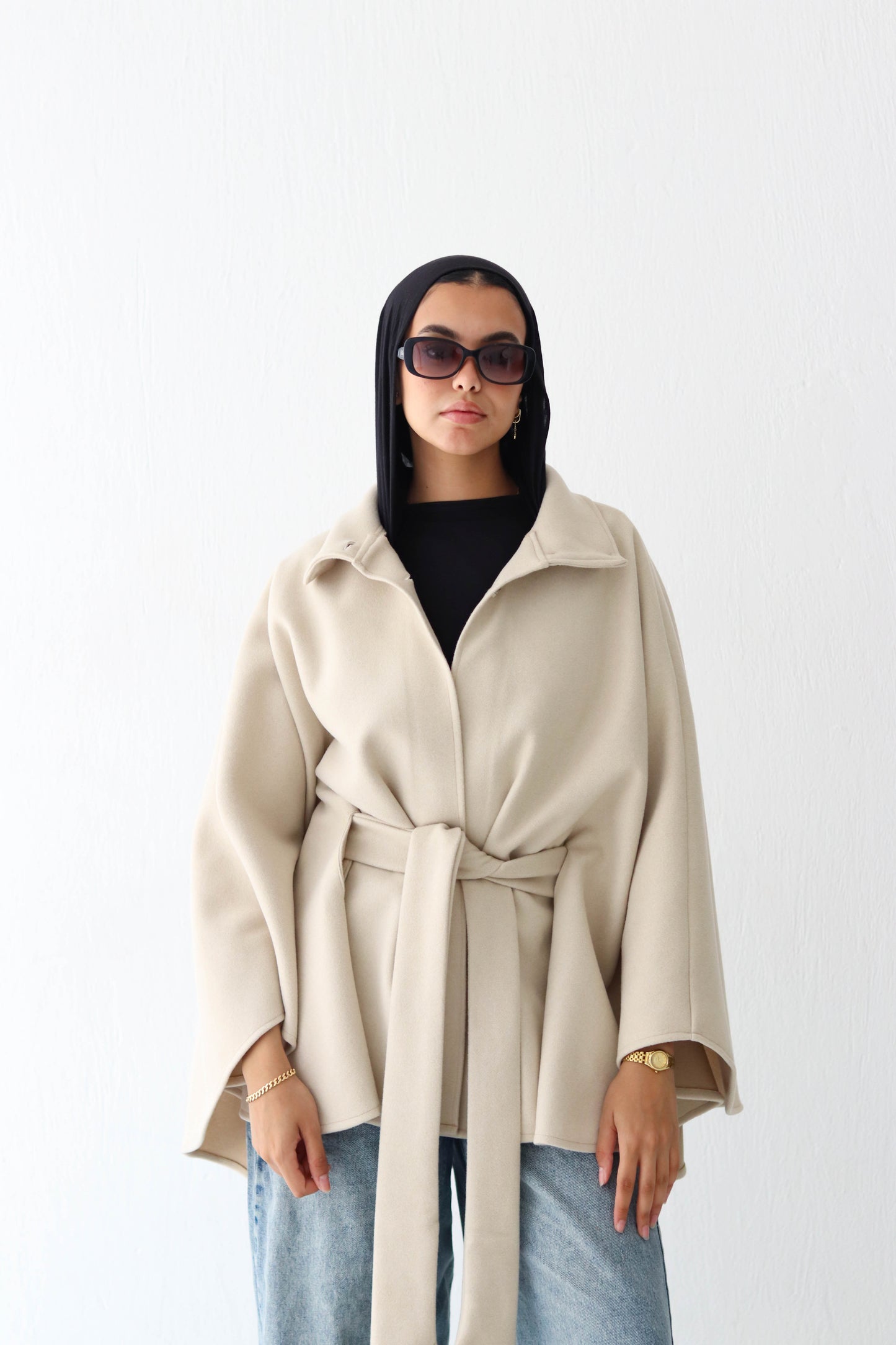 Belted wool cape in Beige