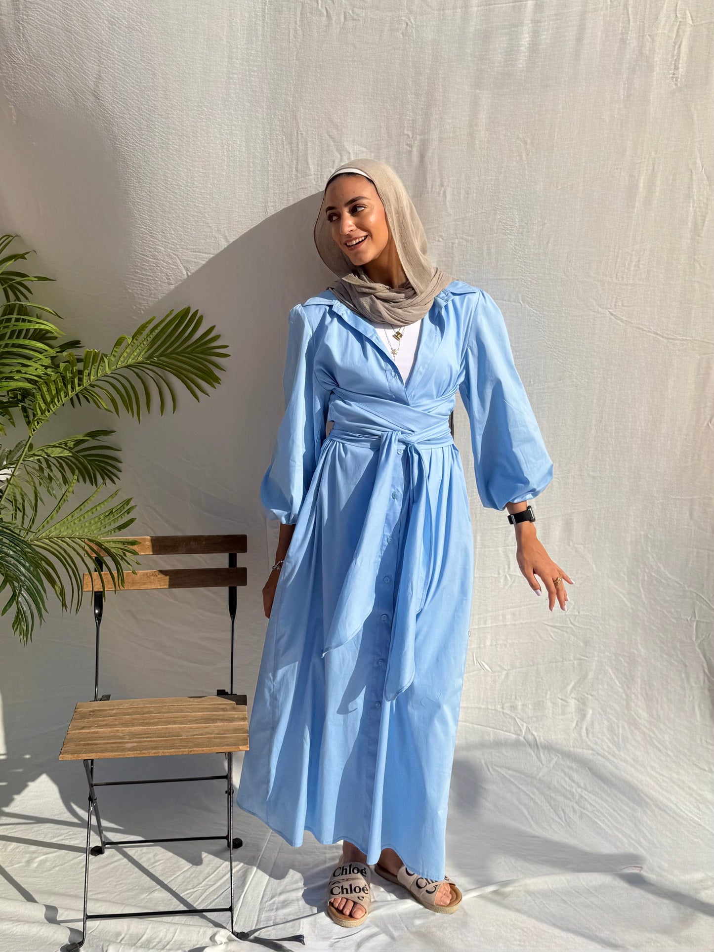 Belted poplin shirt dress in Baby Blue