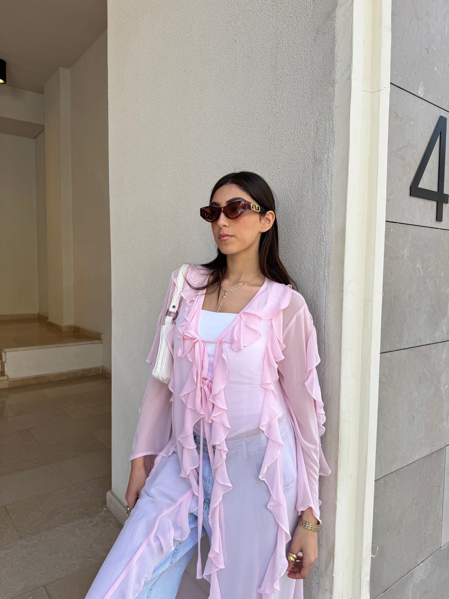 Emaa ruffle chiffon kimono in Pink