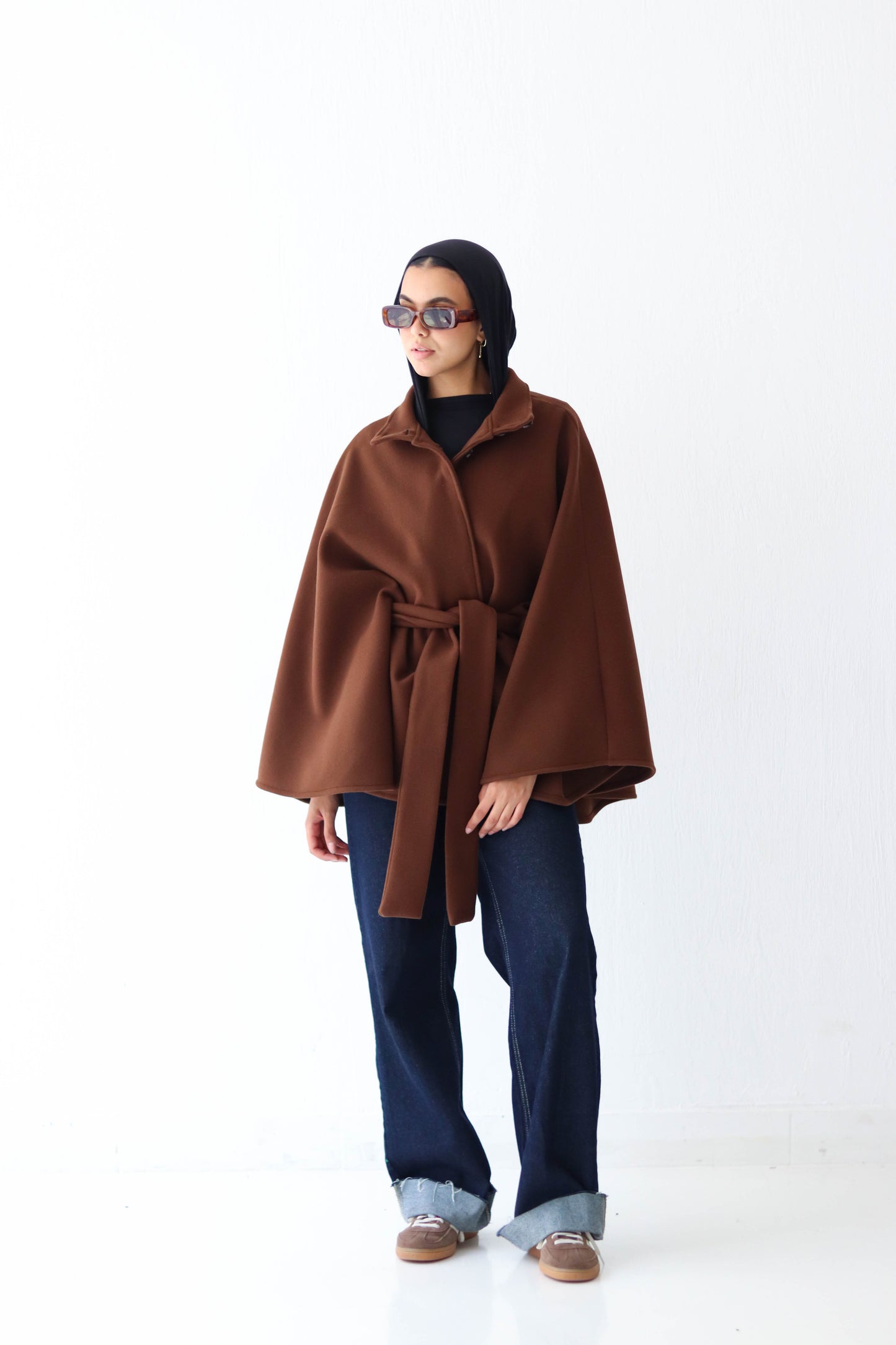 Belted wool cape in Brown