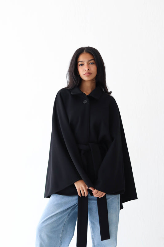 Belted wool cape in Black