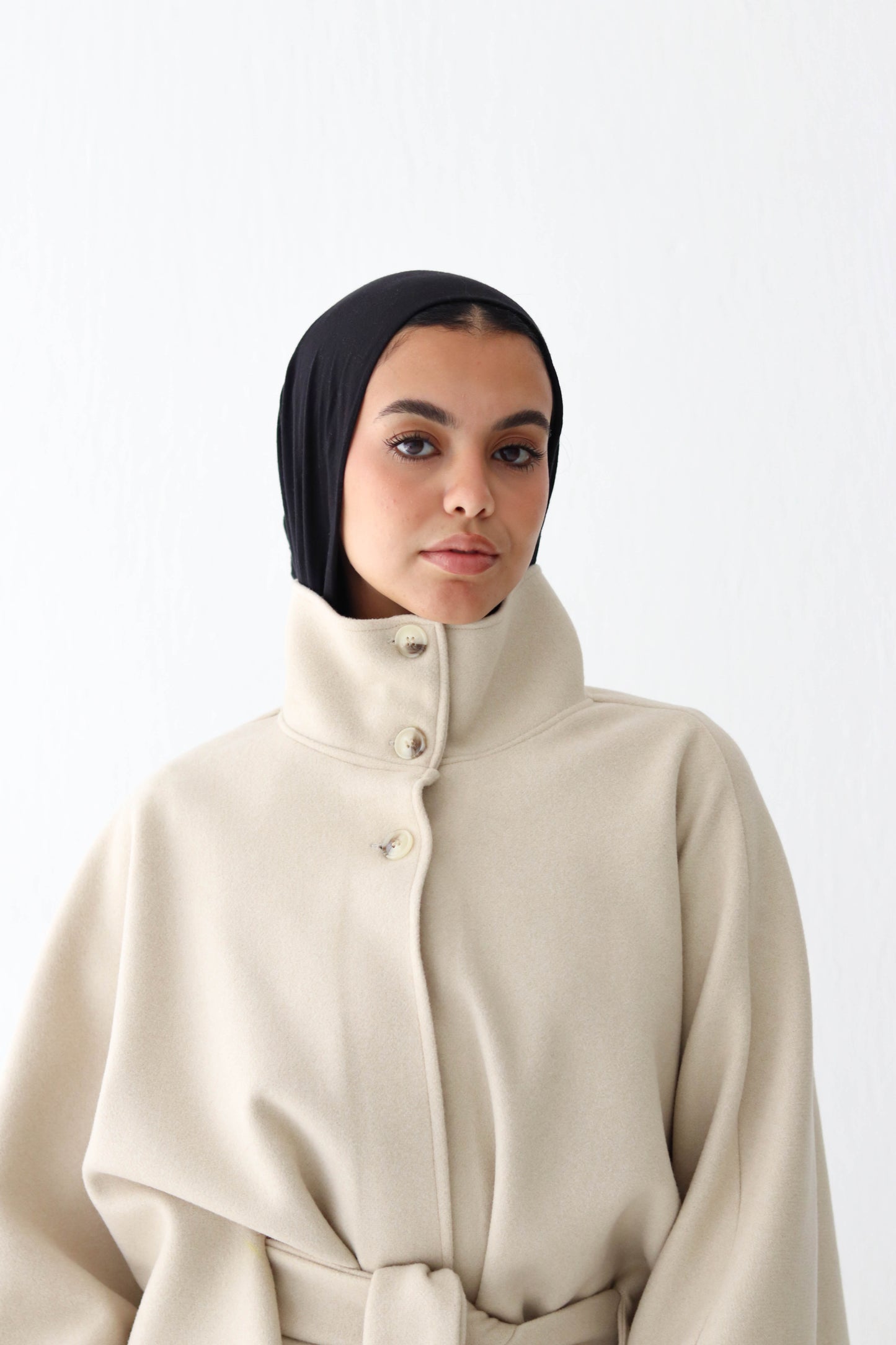 Belted wool cape in Beige