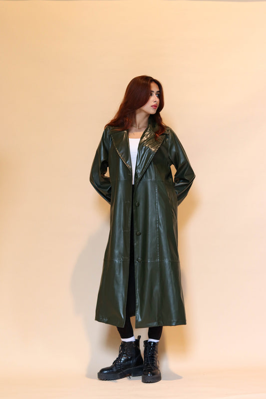 Leather trench coat in Olive