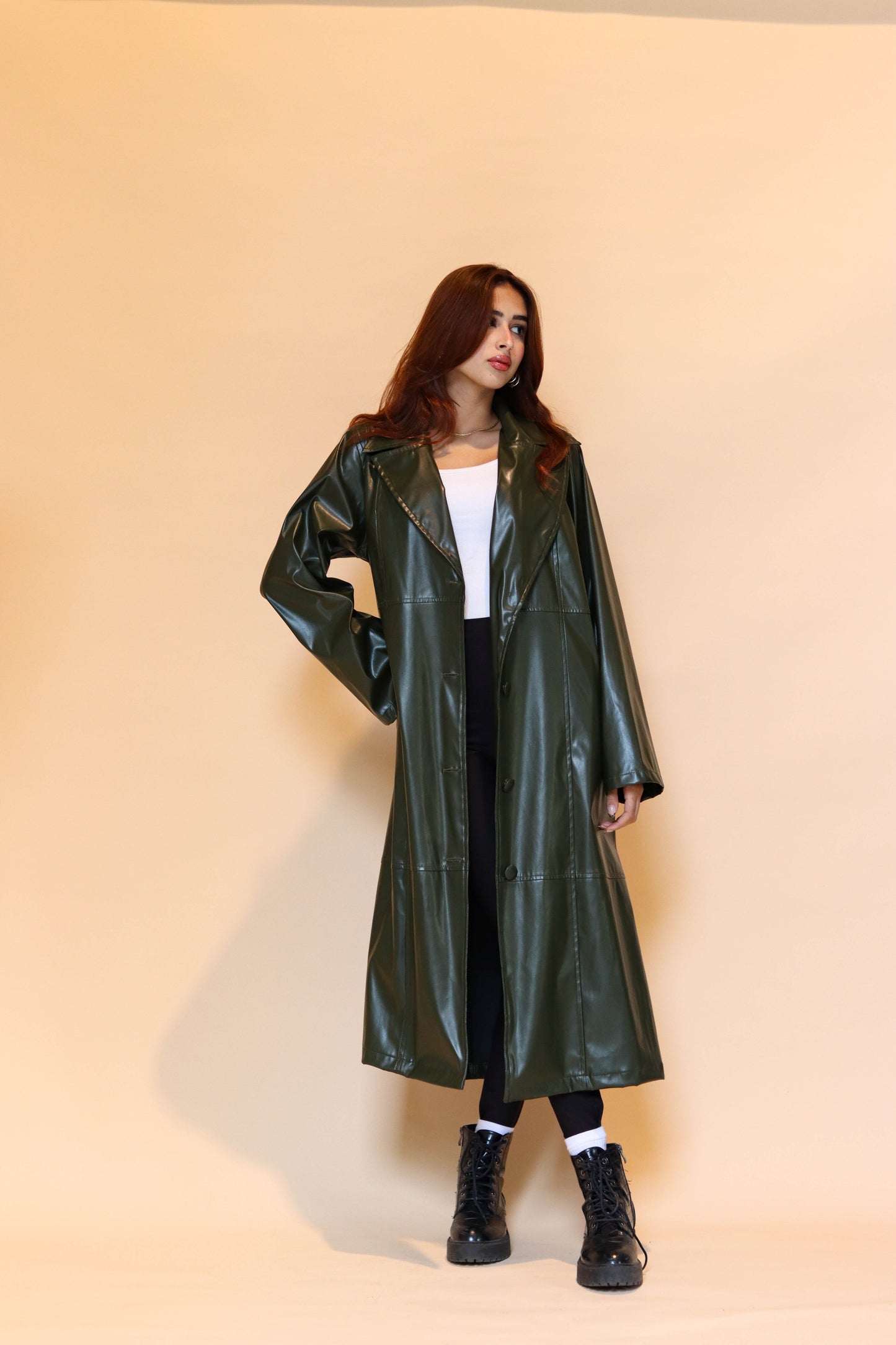Leather trench coat in Olive