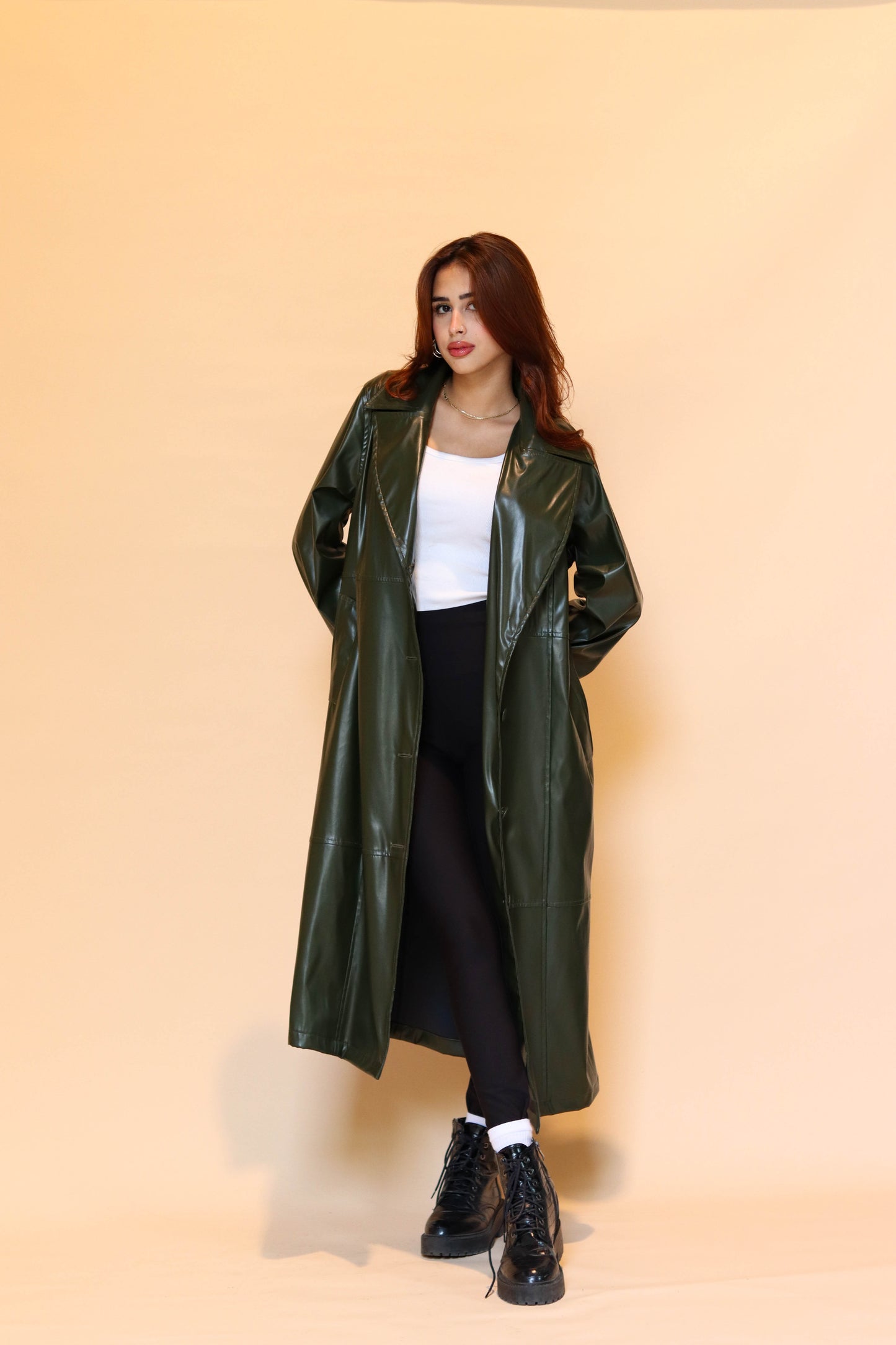 Leather trench coat in Olive