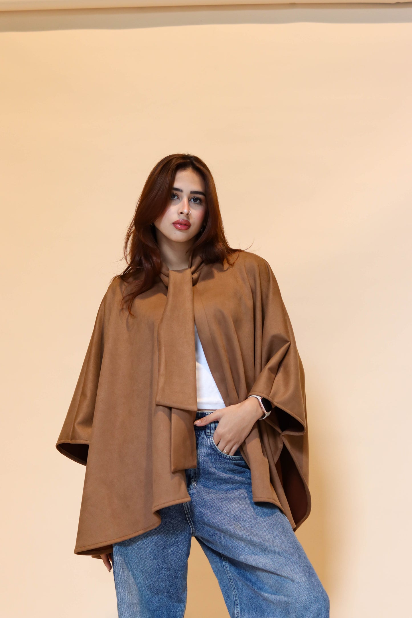Suede scarf poncho in Brown