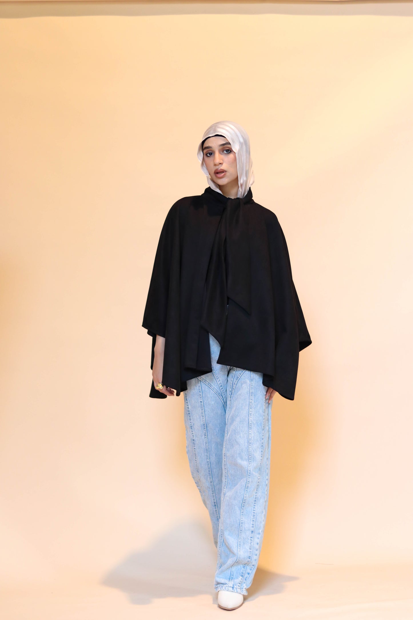 Suede scarf poncho in Black