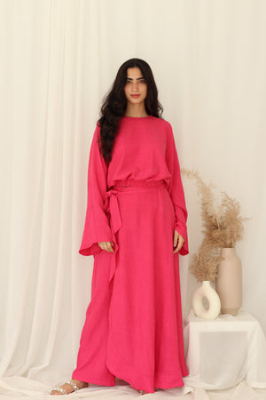 Ruffle linen set in Hot pink