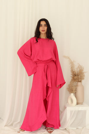 Ruffle linen set in Hot pink