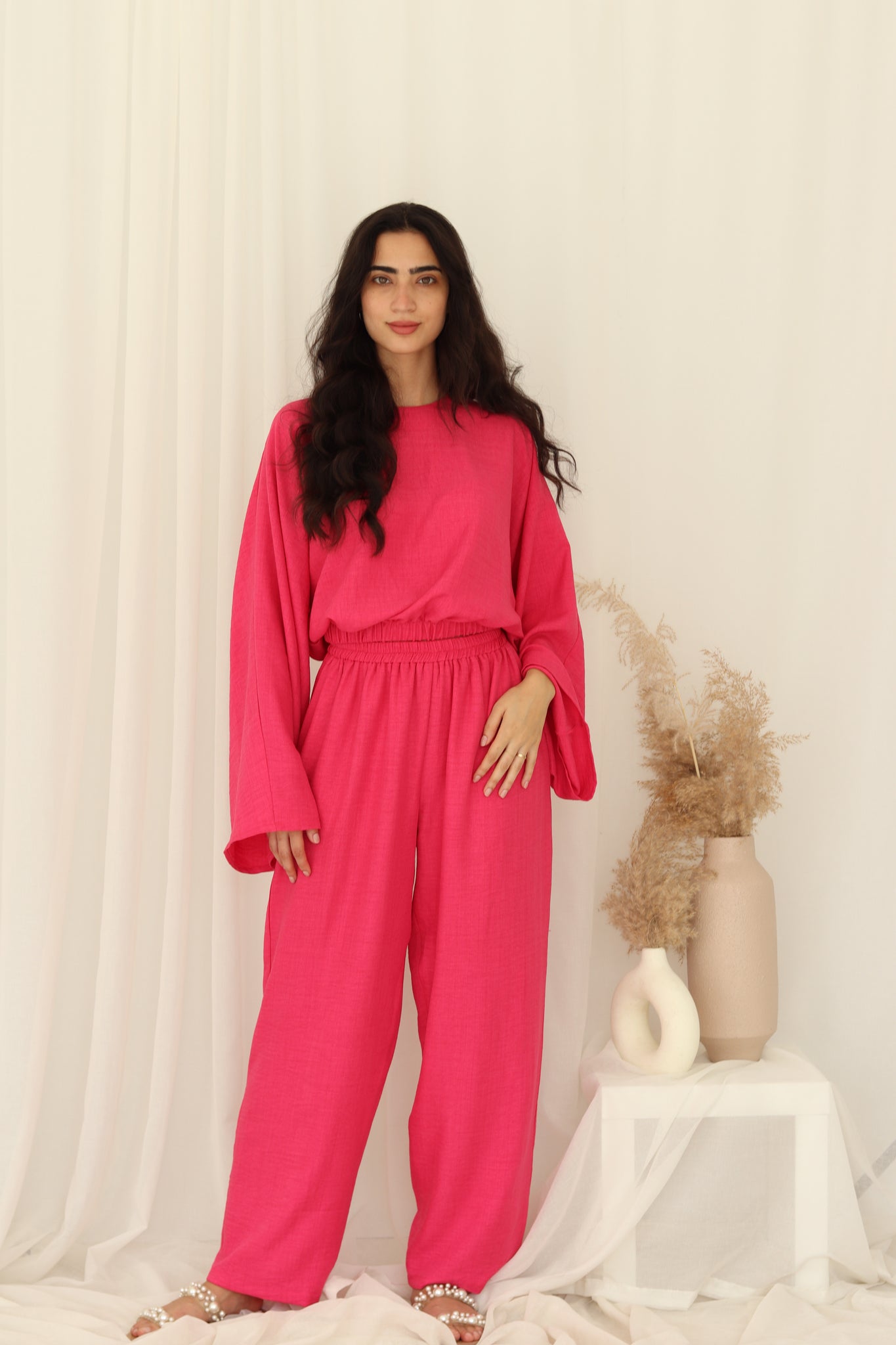 Ruffle linen set in Hot pink