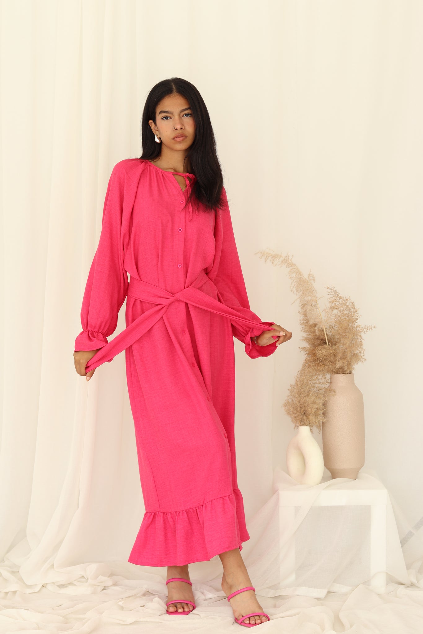 Ruffle shirt dress in Hot Pink