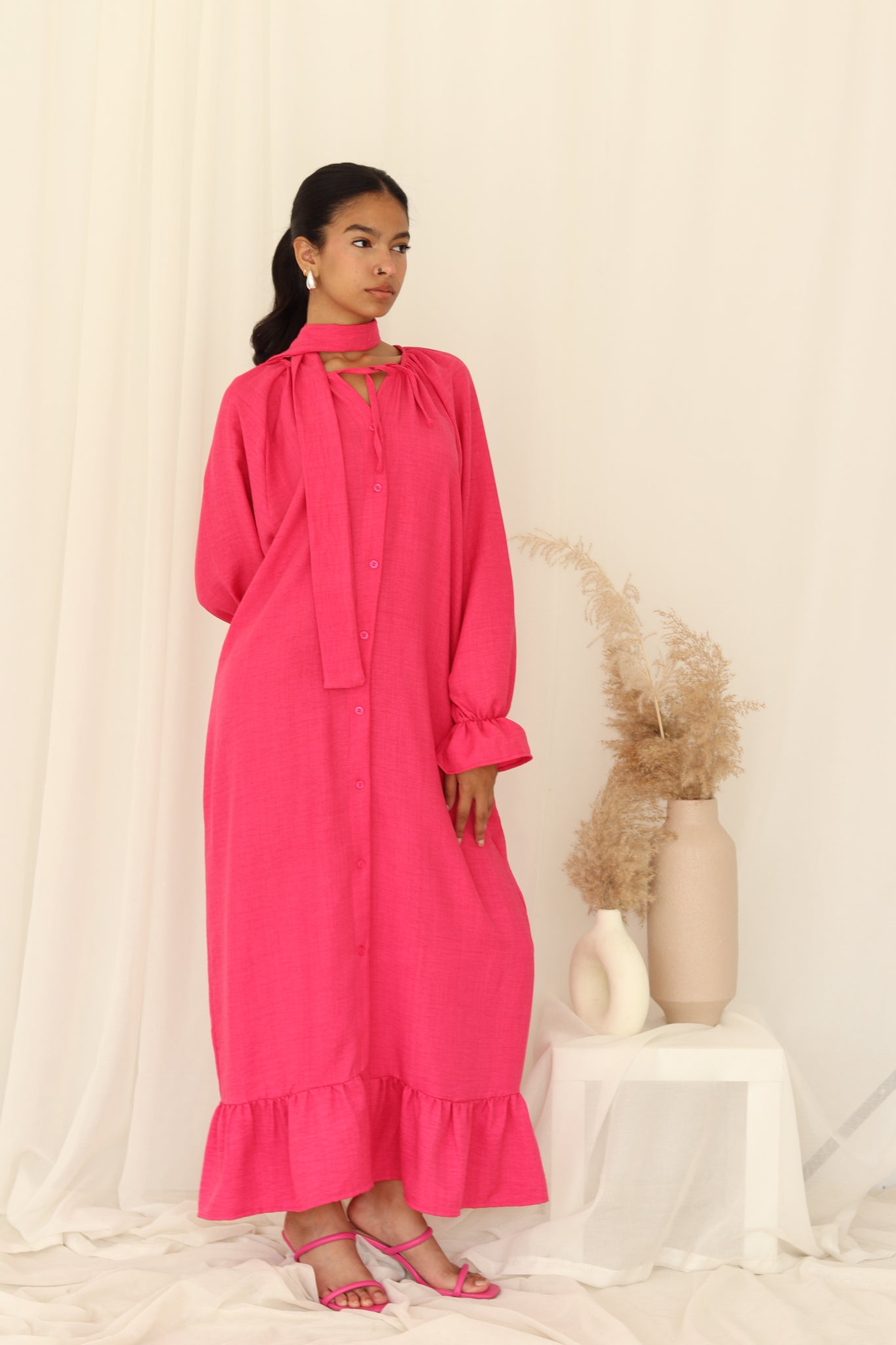 Ruffle shirt dress in Hot Pink