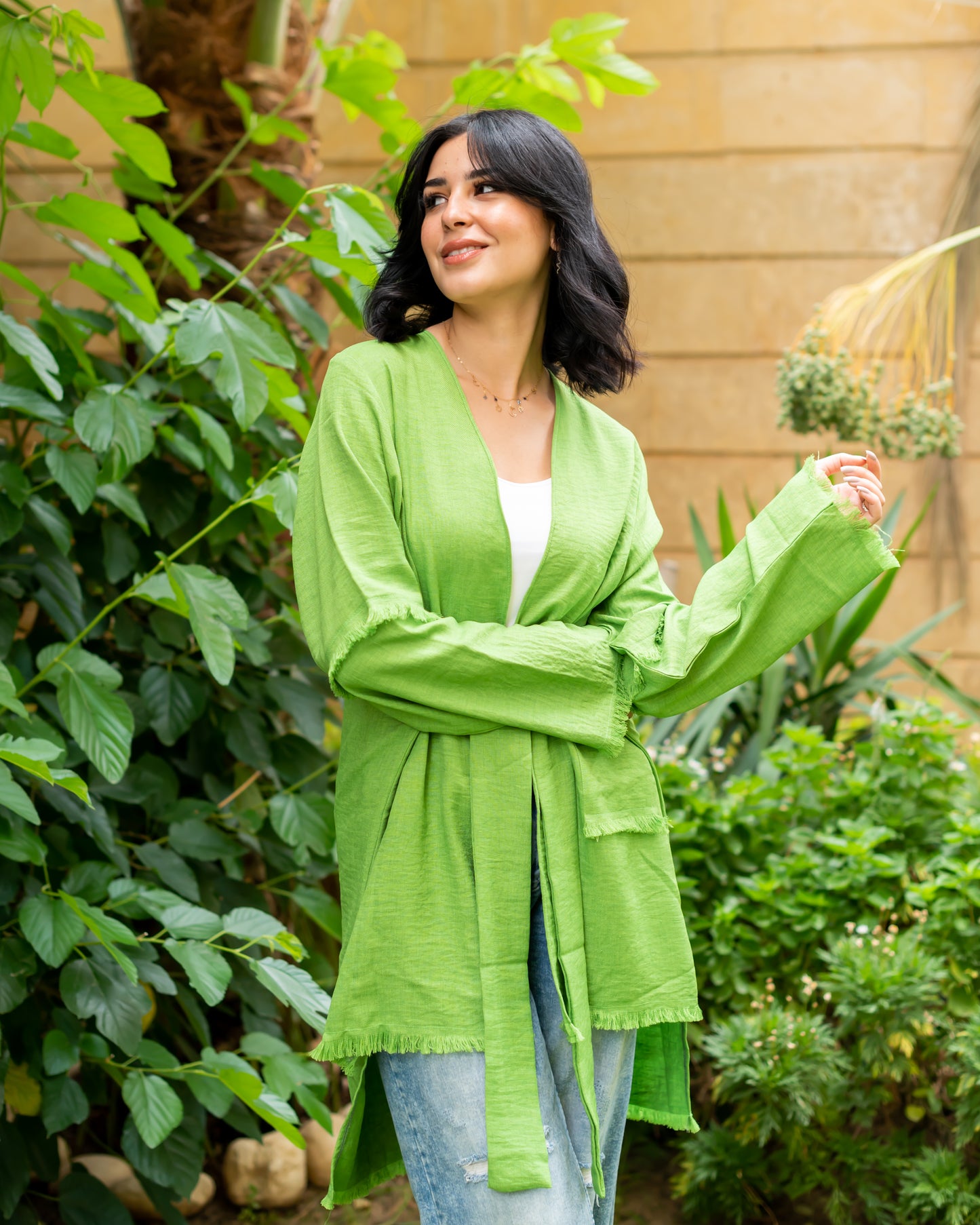 Kiwi Fringe belted kimono