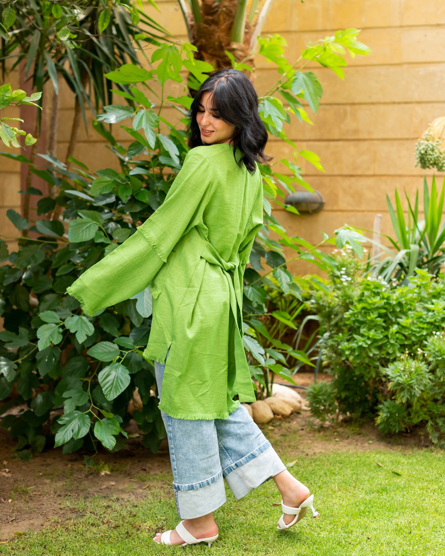 Kiwi Fringe belted kimono